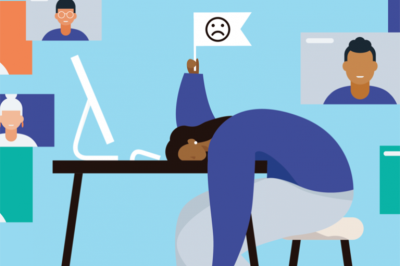 An illustration of a person slumped over their desk. She is holding a white flag with a sad face emoji on it.
