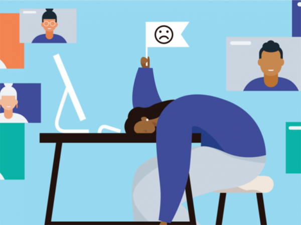 An illustration of a person slumped over their desk. She is holding a white flag with a sad face emoji on it. 