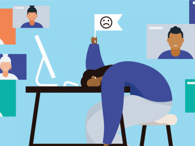 An illustration of a person slumped over their desk. She is holding a white flag with a sad face emoji on it.