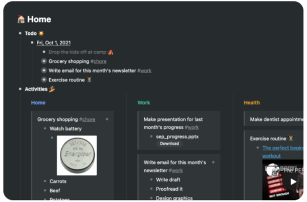 This image show an example of Workflowy. There is a to-do list at the top, and three columns underneath with the categories "home," "work," and "health." 