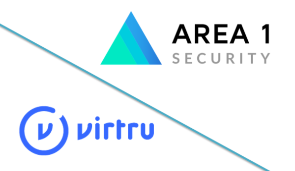 Brand logos of Virtru and Area 1 Security