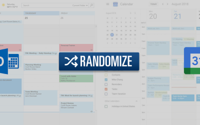 The Outlook calendar symbol appears on the left. The Google calendar symbol appears on the right. The word "randomize" is in the middle.