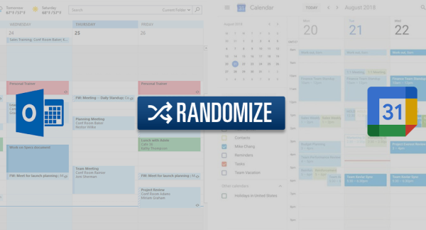 Image of two side-by-side calendars, Microsoft Exchange on
the left and Google Calendar on the right, with their respective
logos overlaid, and a button marked 'RANDOMIZE' in the center
between them