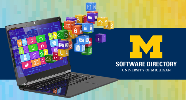 An open laptop on a blue to yellow gradient background. Multi-colored cubes with icons for different types of software are "spilling out" of the laptop screen and floating up into the air. Next to the laptop is the U-M Software Directory logo.