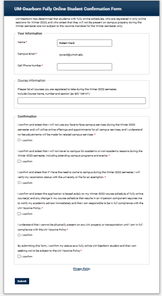 The UM-Dearborn fully online student confirmation form developed by UM-Dearborn ITS.