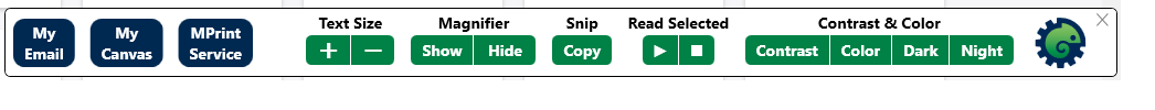 The Morphic Basic toolbar with buttons from left to right for: My email, My Canvas, MPrint Service, Text Size, Magnifier, Snip, Read Selected, and Contrast and Color. The Morphic icon, a green chameleon curled up in a circle, is on the far right.