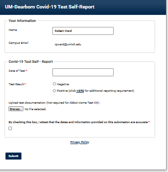 UM-Dearborn Covid-19 self-report form.
