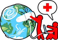 Two red figures put a bandage on an illustration of Earth