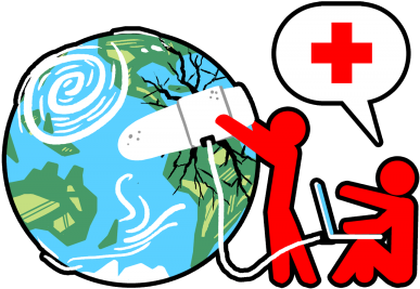 Two red figures put a bandage on an illustration of Earth