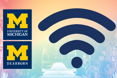 The University of Michigan and University of Michigan Dearborn square logos stacked on top of each other against a pastel rainbow background. To the right is a large, blue WiFi icon.
