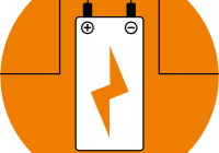 An orange circle, with a white battery outlined in black, and an orange lightning bolt in the middle of the battery.