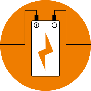 An orange circle, with a white battery outlined in black, and an orange lightning bolt in the middle of the battery. 