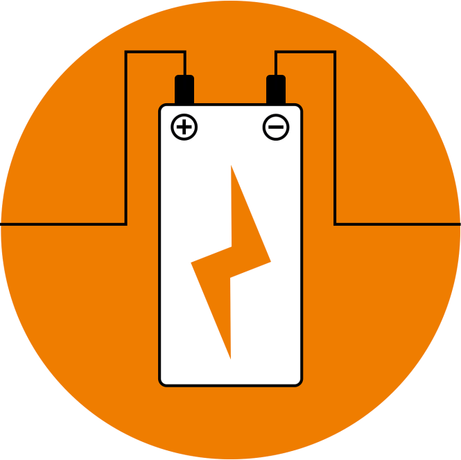 An orange circle, with a white battery outlined in black, and an orange lightning bolt in the middle of the battery.