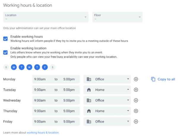 A screenshot of the Google Calendar settings showing days of the week, start and end time, and the location in a drop down menu. 