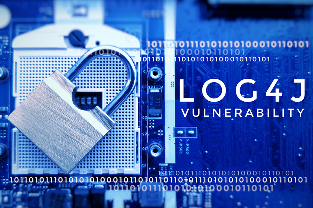 A lock key on the mainboard concept shows Log4j vulnerability