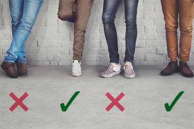 Four sets of human legs, all wearing pants. Two are wearing jeans and two are wearing khaki-colored pants. There are green check marks by the khaki pants and red exes by the jeans.