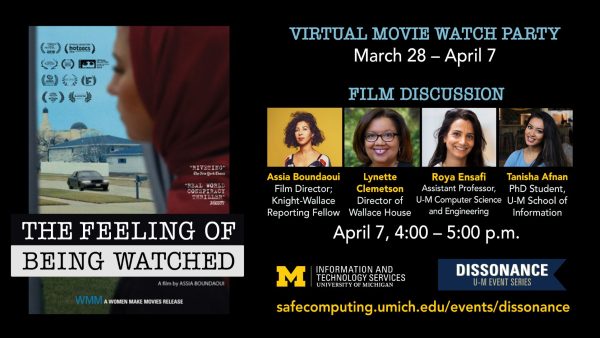 An ad for the panel discussion on April 7, 2022, showing headshots for Assia Boundaoui, Lynette Clemetson, Roya Ensafi, Tanisha Afnan