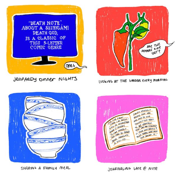 An illustration with four colorful squares, each with an image inside, including a Jeopardy! screen, a hot pepper Plant, a stack of ramen bowls, and a journal.