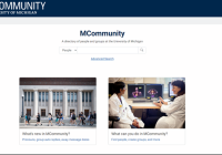 An image of the new MCommunity Directory. There is a search field and two images below the search field that depict life on campus.