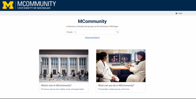 An image of the new MCommunity Directory. There is a search field and two images below the search field that depict life on campus.