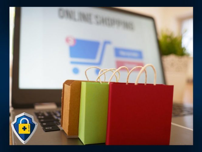3 brightly colored gift bags are shown in front of a laptop display.