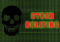 Black skull and the words "cyber bullying" against a black and green background.