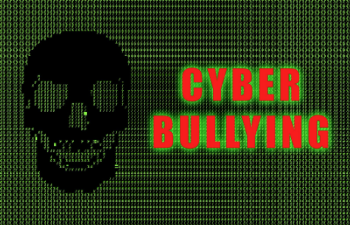 Black skull and the words "cyber bullying" against a black and green background.
