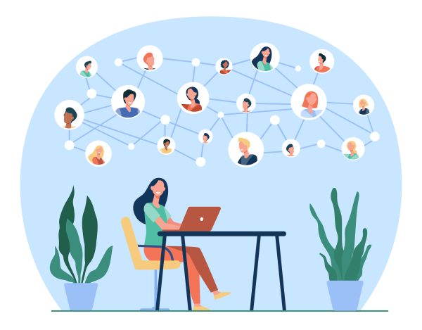 Happy woman chatting with friends online. Laptop, social media, desk flat vector illustration. Network and communication concept for banner, website design or landing web page