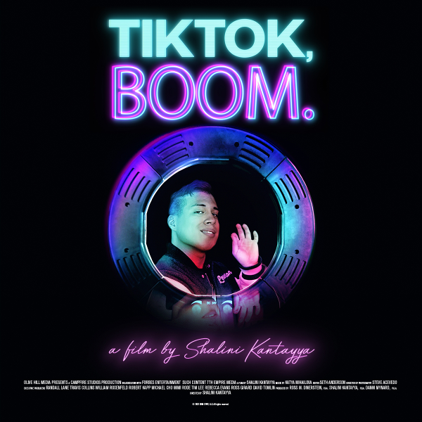 A square image with a black background and text that reads, "TikTok, Boom." A young man is in a circle and underneath it reads, "a film by Shalini Kantayya."