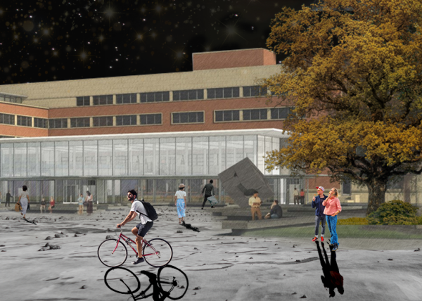 An image of the LSA building addition, viewed from the west, with the Cube in the foreground, as if they were actually on the moon. People are walking and cycling as if there were atmosphere.