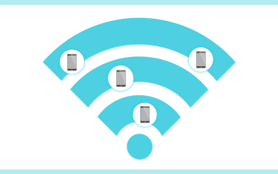 A symbol for WiFi with 4 cell phones over laid.