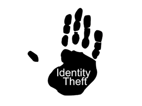 A black handprint with the words identity theft in white on the palm