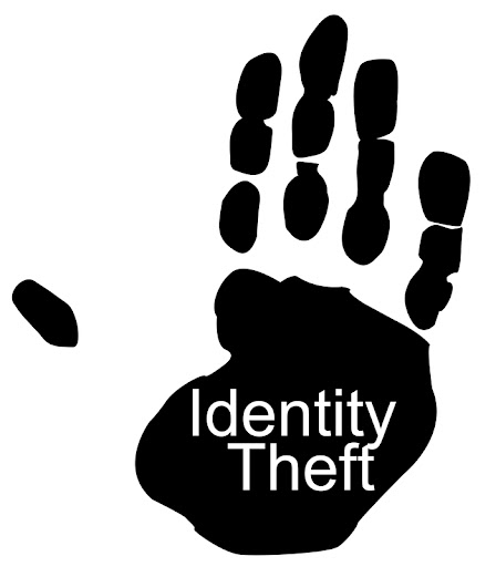 Outline of a hand making a "stop" gesture with the words "Identity Theft" written on the palm.