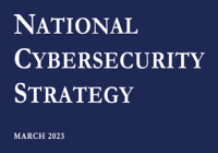 Navy blue background, text in white reads National Cybersecurity Strategy, March 2023