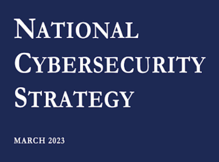Navy blue background, text in white reads National Cybersecurity Strategy, March 2023
