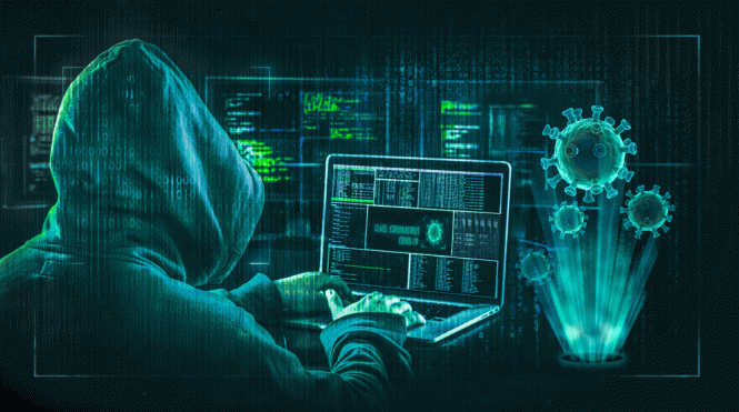 Hooded person sitting at a laptop with virus icons