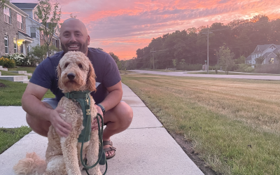 sunset and person kneeling with dog