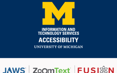 Logos for U-M Information and Technology Services Accessibility and the Jaws, ZoomText, and Fusion programs