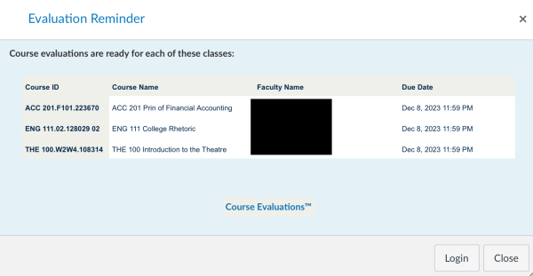 Evaluation reminder screen. There is a list of classes that need to be evaluated by the student. 