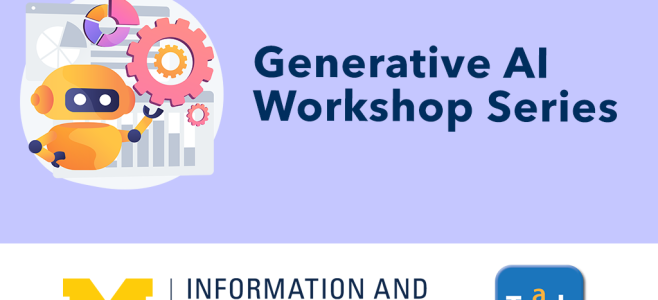 Generative AI Workshop Series graphic featuring a digital image of a robot and gears.