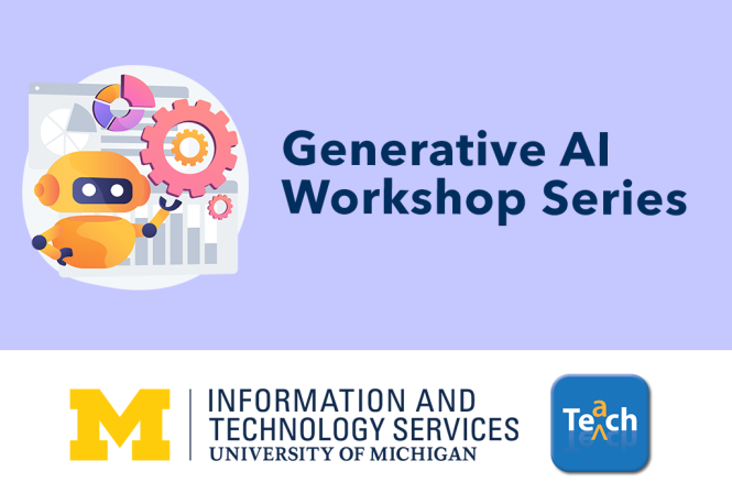 Generative AI Workshop Series graphic featuring a digital image of a robot and gears.
