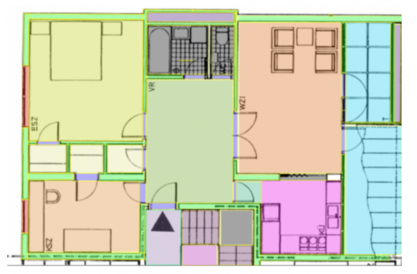 A floor plan where each room has a different color. 