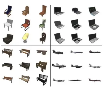 Renderings of different chairs, laptops, benches, and airplanes. 