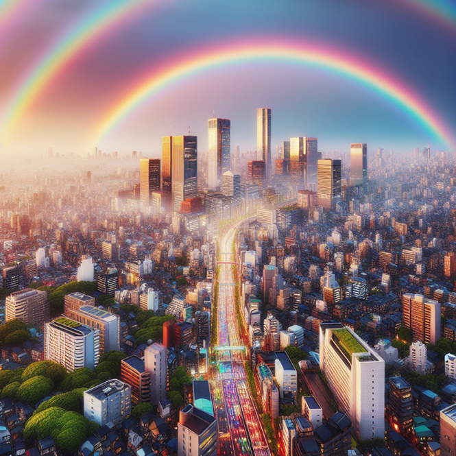 An AI generated photo-realistic city with rainbows