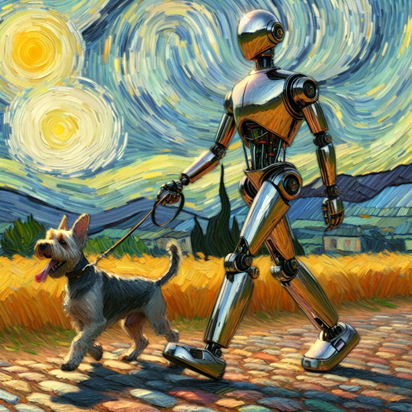 An AI generated image of a robot walking a small dog in the style of Van Gogh