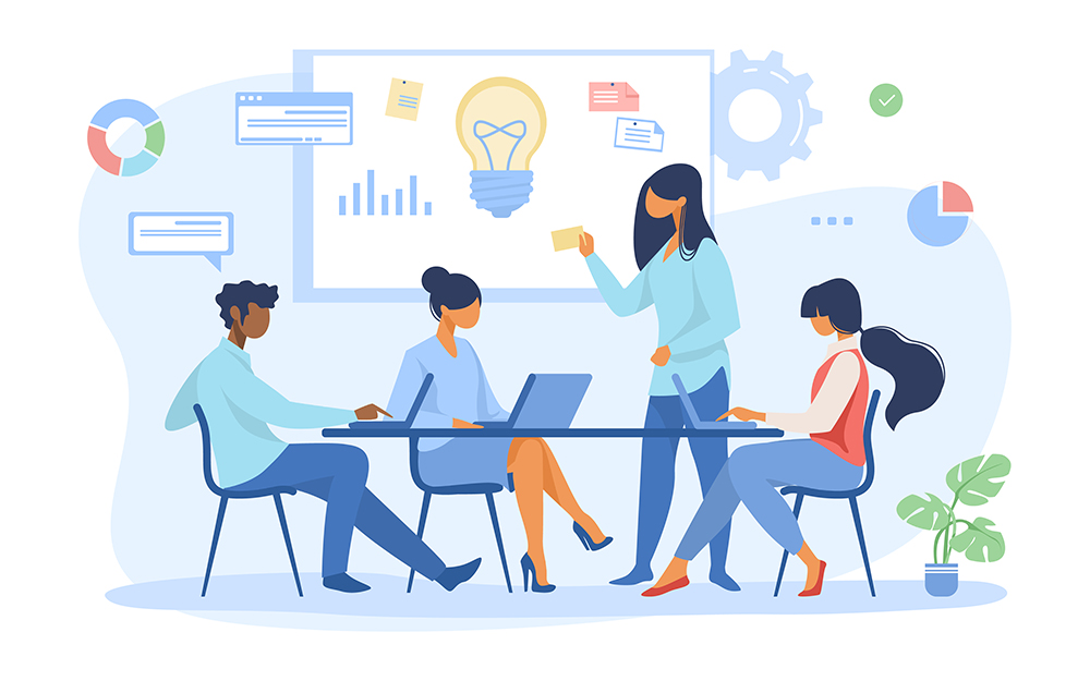 Business team discussing ideas for startup. Leader speaking at board with notes and lightbulb flat vector illustration. Corporate meeting concept for banner, website design or landing web page