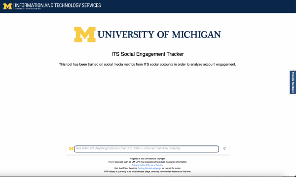 Screenshot of Abigail's social engagement tracking Maizey. Text: This tool has been trained on social media metrics from ITS social accounts in order to analyze account engagement.