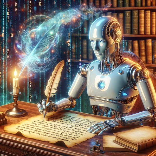 A robot writing with a quill and ink on parchment in a library.