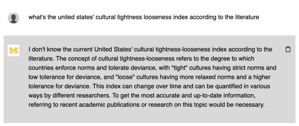 Screenshot of Joey's Maizey responding "I don't know" to the prompt "what's the united states' cultural tightness looseness index according to the literature"