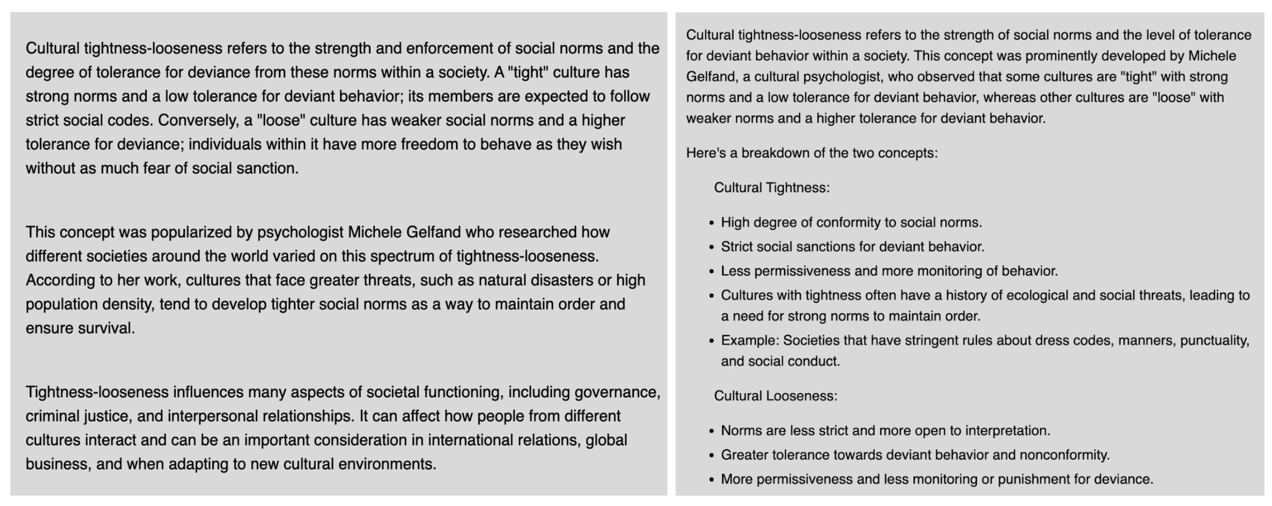 A side-by-side of Maizey's response and U-M GPT's response to Joey's question about cultural tightness. The responses are nearly identical despite Maizey having direct access to the papers from Joey's lab.